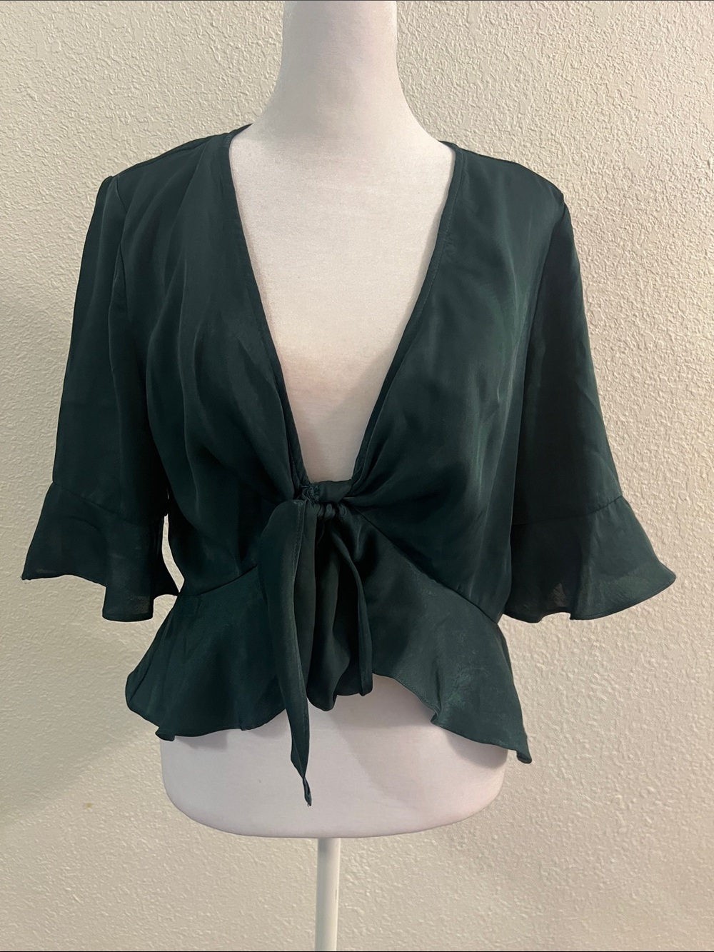 Soprano Deep Green Tie-Front Ruffle Blouse